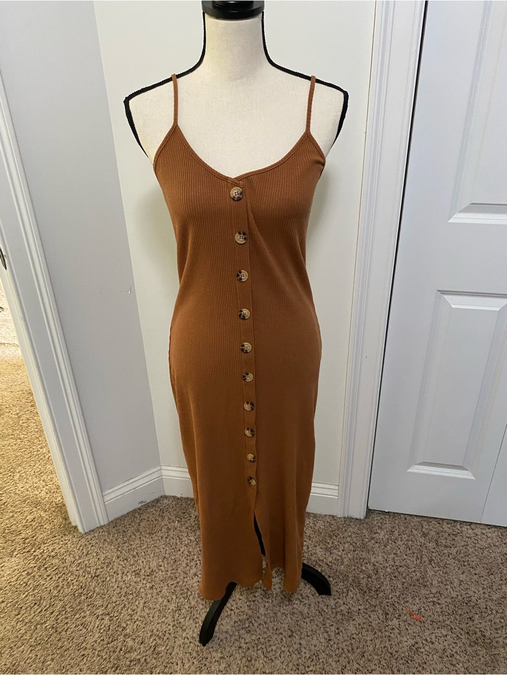 Stelen Spaghetti Strap Button-Front Ribbed Midi Dress